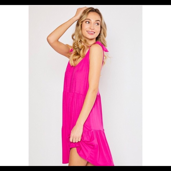 Sale ! Fuchsia Tired Ruffle Vneck Bow Detail Dress - Picture 6 of 7